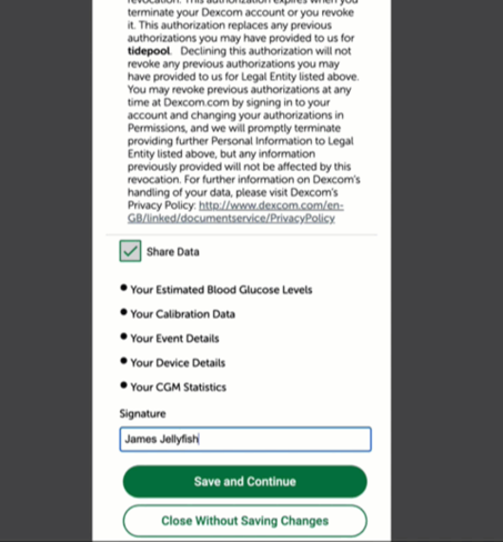 Dexcom connection authorization for Dexcom account.