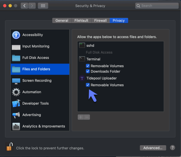 Image of macOS Preferences for adding Removable volumes checked