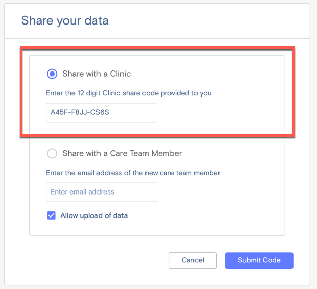 Share input form expecting a 12-digit code for a clinic.