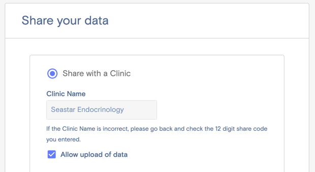 Clinc share verification screen showing name of clinic that matches 12-digit share code.