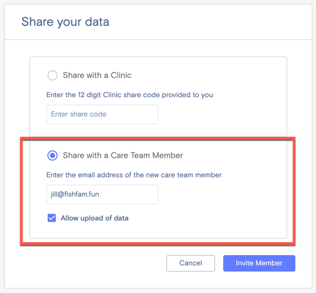Share input form expecting an email address of a care team member.