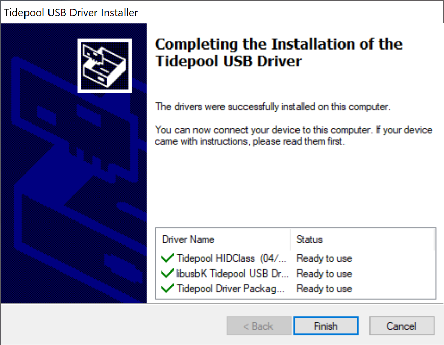 Tidepool USB Driver Installer screen showing drivers to be installed