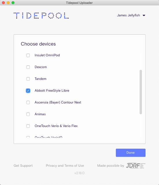 device selection screen in Tidepool Uploader