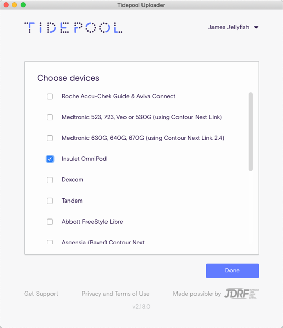 Tidepool Uploader Window showing Insulet Omnipod selected