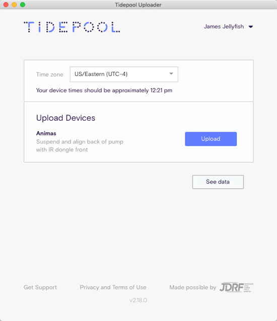 Tidepool Uploader window with upload button