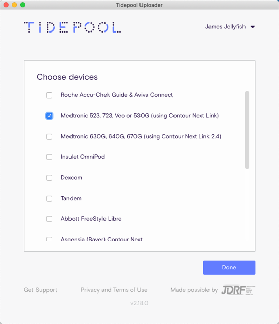 Device selection screen in Tidepool Uploader