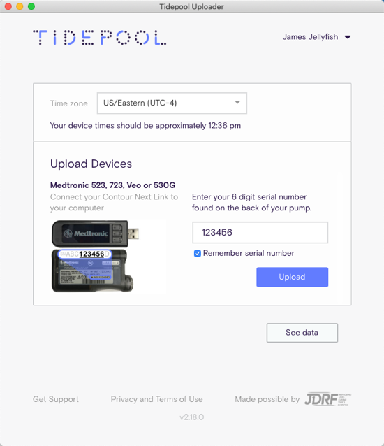 Tidepool Uploader screen showing input of pump serial number