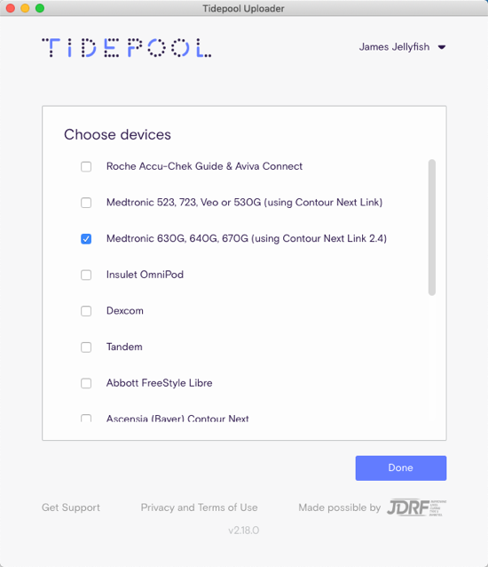 Image of Tidepool Uploader Device Selection Screen