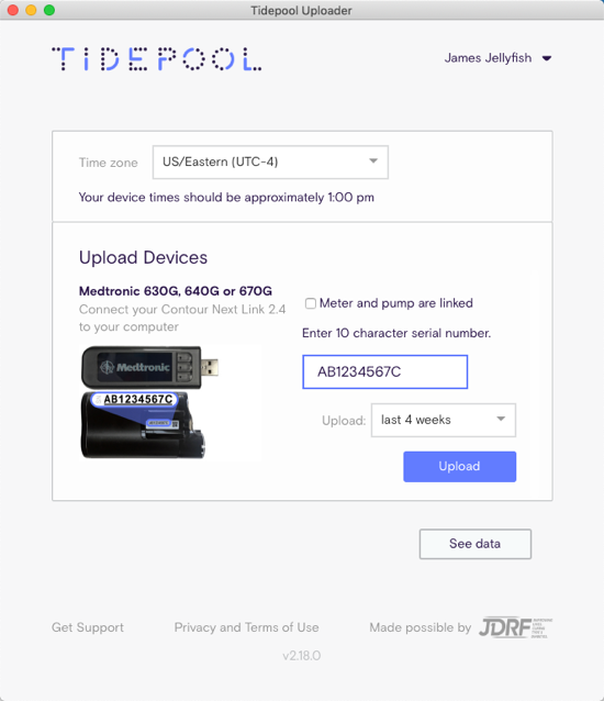 Image of Tidepool Uploader screen showing serial number input for Medtronic pump