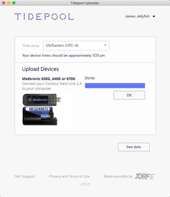 Image of Tidepool Uploader screen showing completed upload