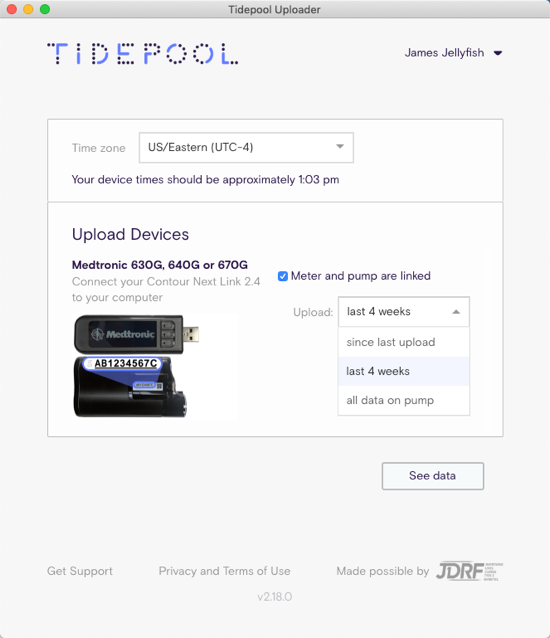 Image of Tidepool Uploader screen showing Upload length dropdown dialog