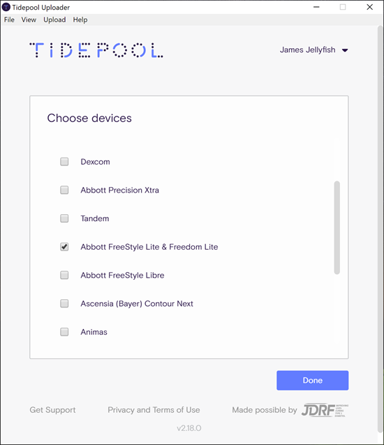 Image of Tidepool Uploader window with device selection screen