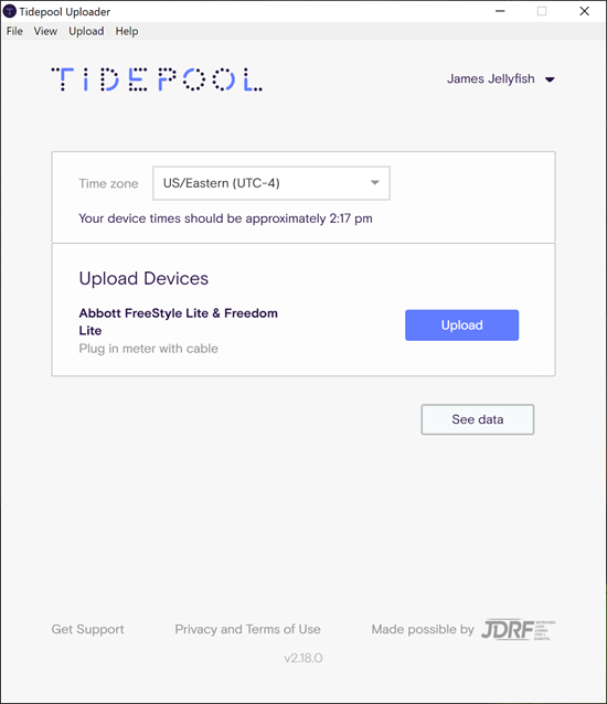 Image of Tidepool Uploader window with Upload button