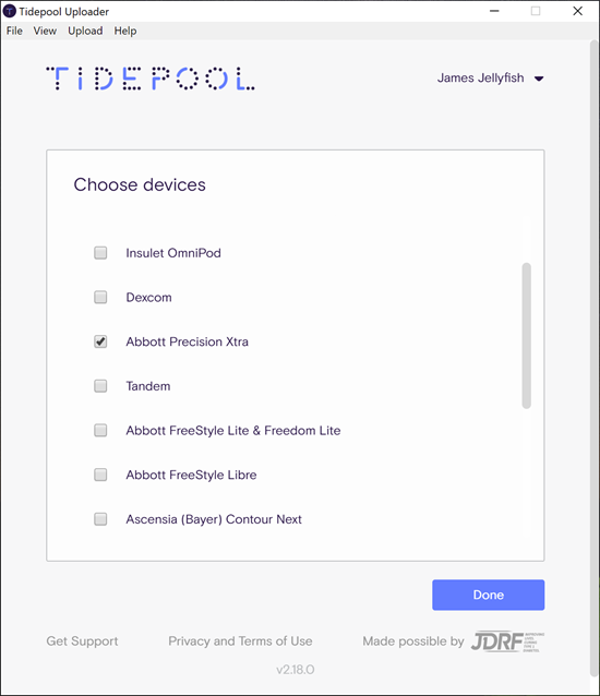 Image of Tidepool Uploader with the device selection options