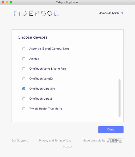 Device Selection screen with OneTouch UltraMini checked