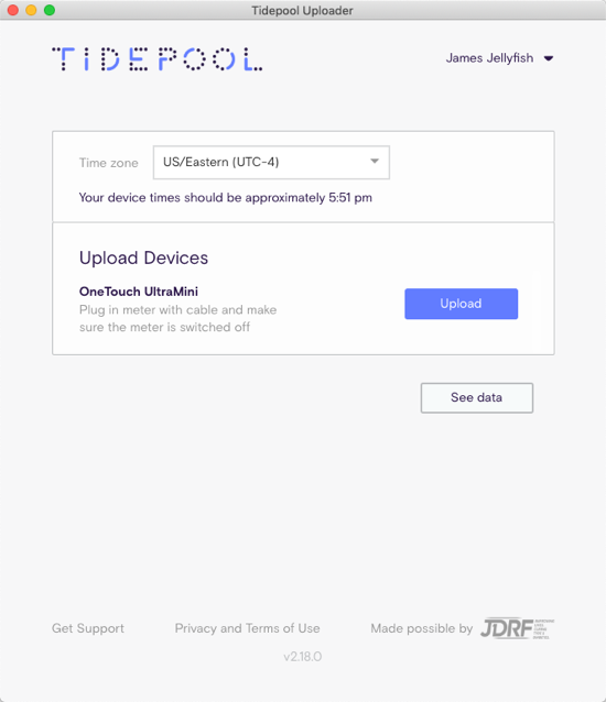 Tidepool Uploader window with upload button