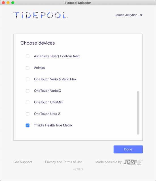 Device selection screen in Tidepool Uploader showing selection of True Metrix meter