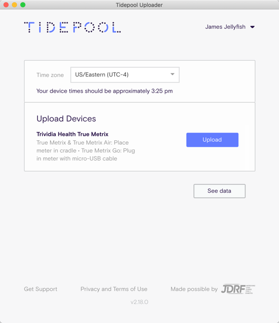 Tidepool Uploader window showing Upload button