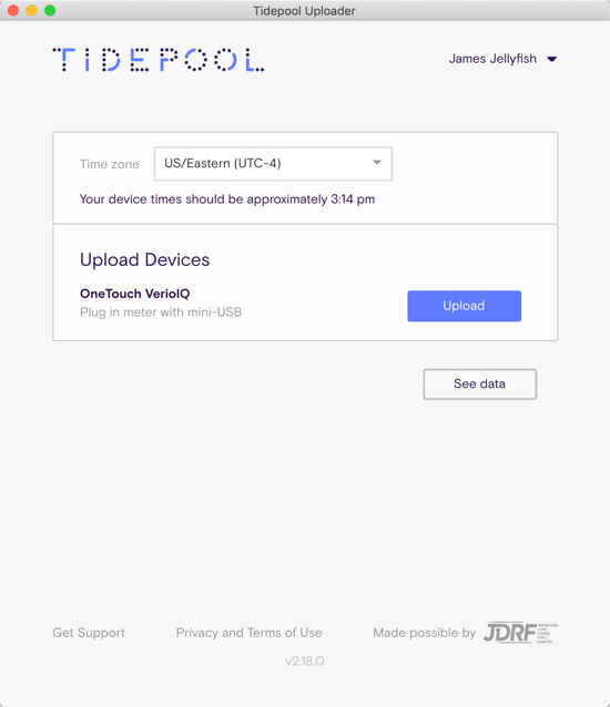 Tidepool Uploader window showing the Upload button