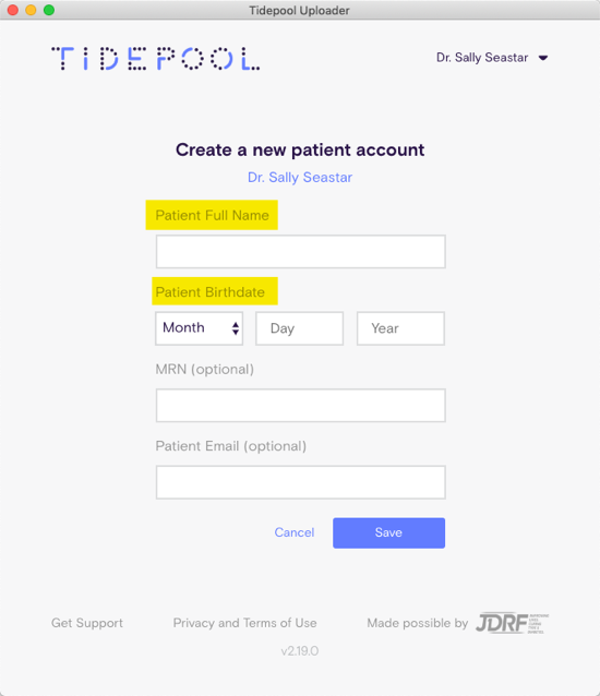 patient account creation screen with patient name and birthdate sections highlighted
