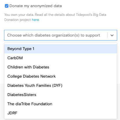 Screenshot of diabetes organizations in Big Data Donation dropdown