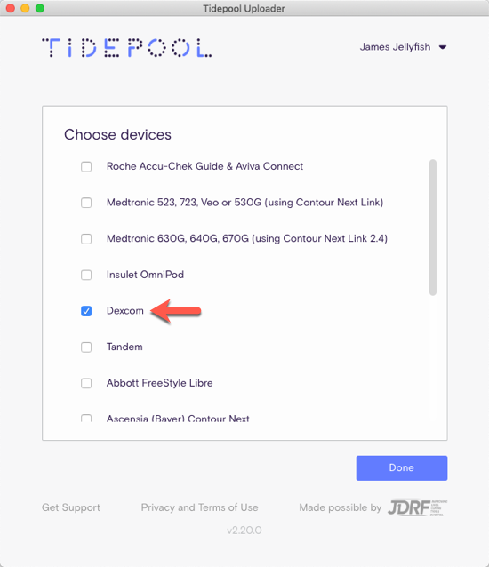 Image of Tidepool Uploader device selection window with arrow pointing to Dexcom