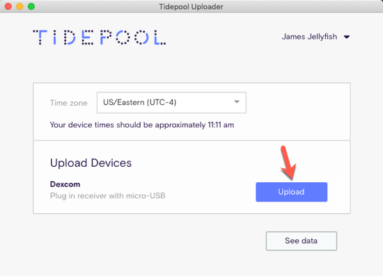 Tidepool Uploader window showing Upload button