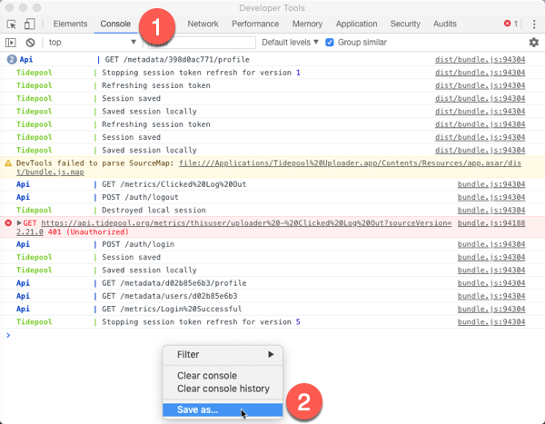 Screenshot showing console logs and how to save to computer