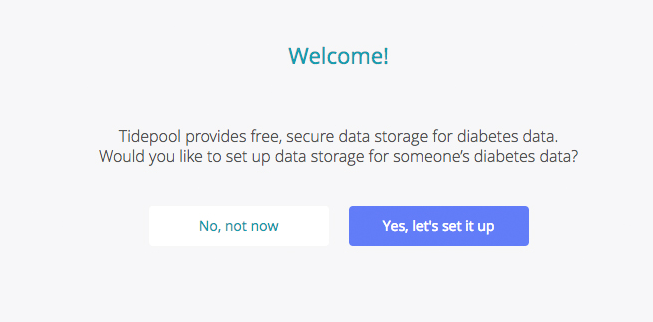 Tidepool welcome screen, which offers the option to set up data storage now or later