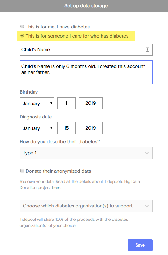 data storage setup screen for caregivers