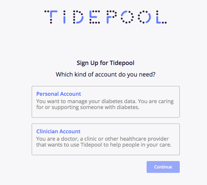 Image displaying the sign up screen, which shows two account options — a personal account, or a clinician account