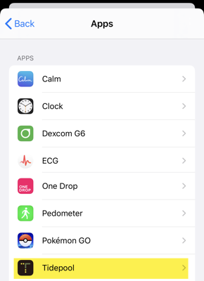 Health app showing Tidepool app highlighted in list