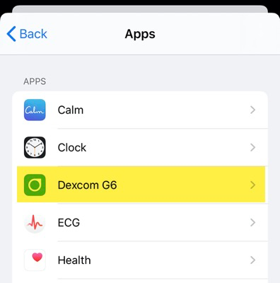 Health app showing Dexcom app highlighted in list