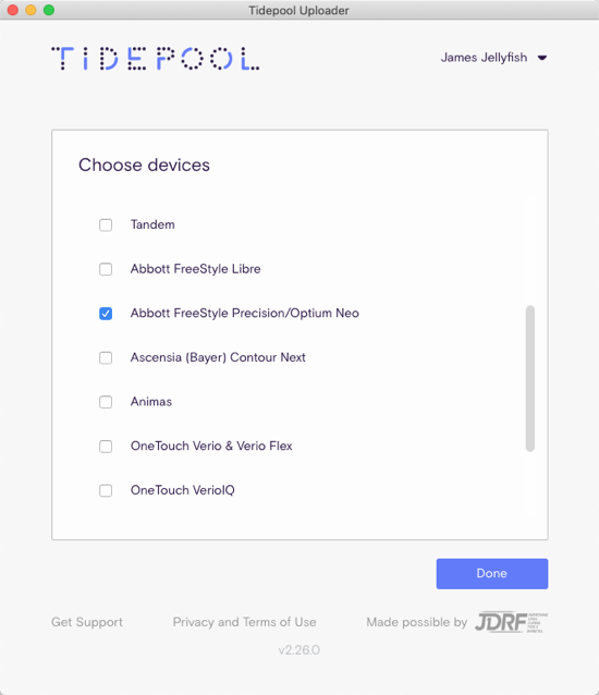 Tidepool Uploader window showing the list of devices where you can select your device