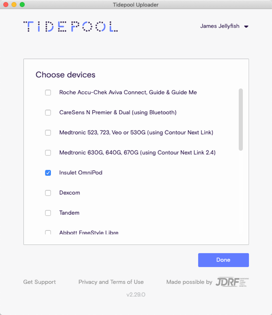 Tidepool Uploader showing device selection screen