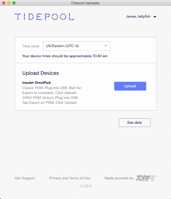 Tidepool Uploader showing Upload button for Omnipod