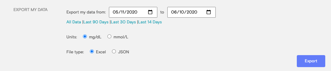 Export section of Tidepool Web Profile