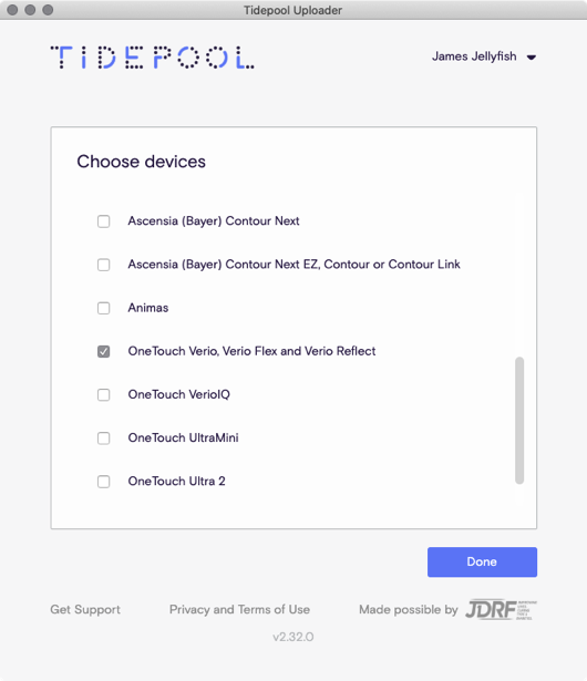 Image of Tidepool Uploader Window with Verio & Verio Flex option selected