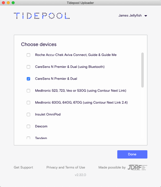 Tidepool Uploader Device Selection Screen