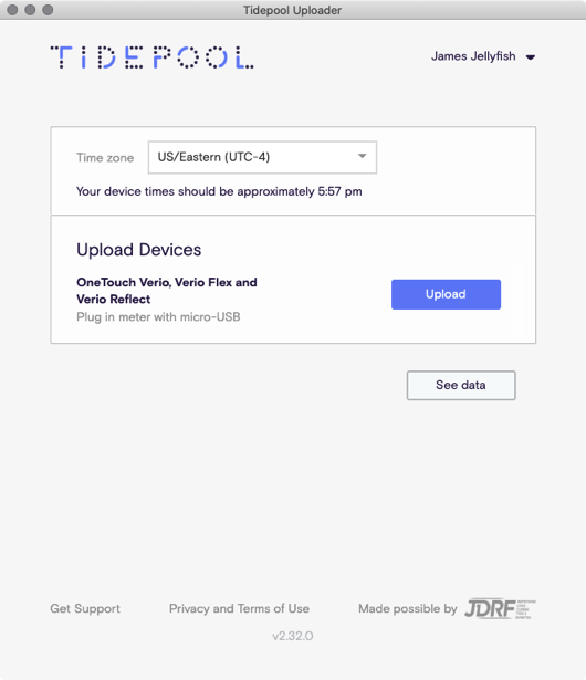Image of Tidepool Uploader window with Upload button shown