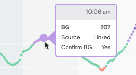 Screenshot of hovering over BG meter value showing its value and that its source is linked to the meter used with an insulin pump