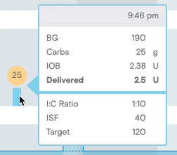 Screenshot of mouse hover over bolus that was dosed using the insulin pump's calculator. Shows dose and carbohydates.