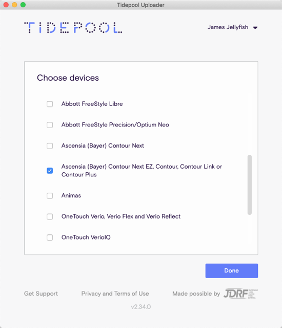 Tidepool Uploader showing device selection screen