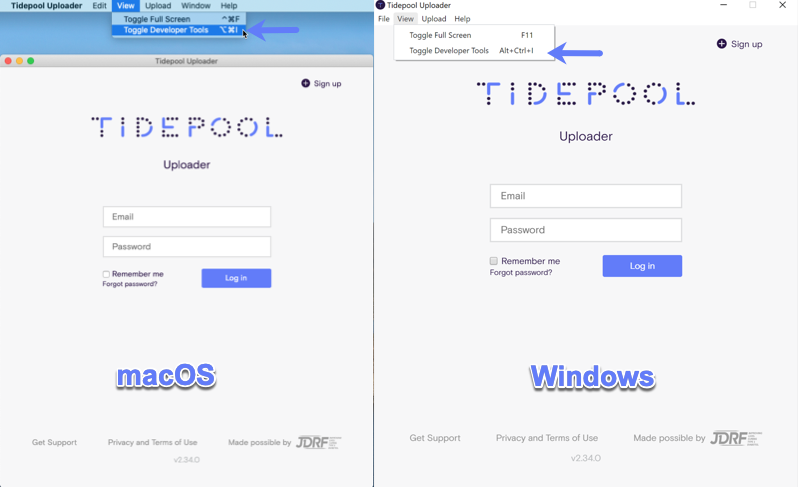 Screenshot showing where to select Developer Tools on Mac and Windows