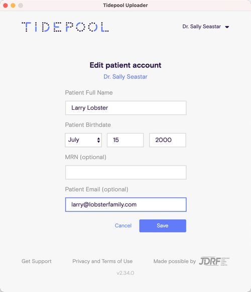 Image of Tidepool Uploader window showing patient info that is editable