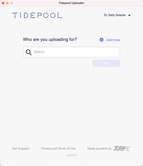 Image of Tidepool Uploader window showing search box