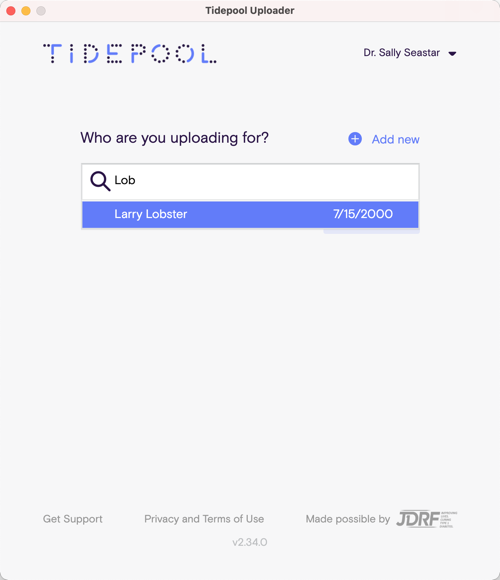 Image of Tidepool Uploader window with search result of patient