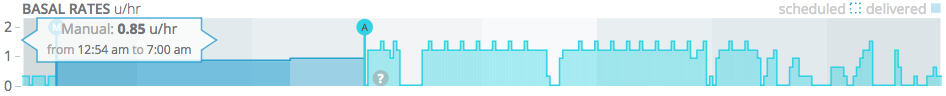 Tidepool Web basal segment from Daily view with mouse hover over manual basal segment showing rate