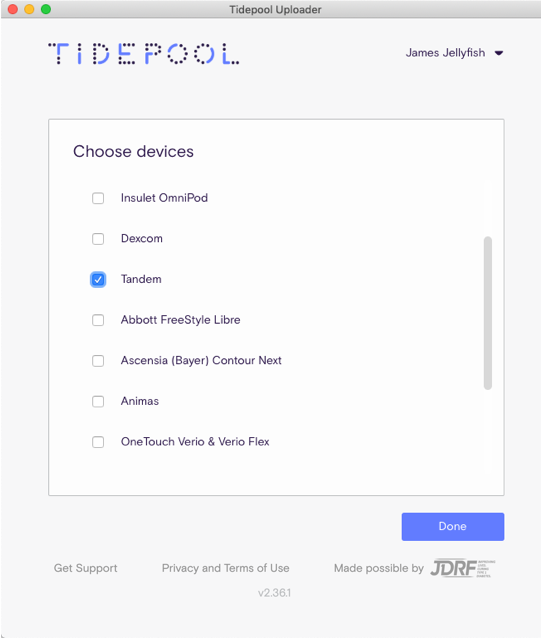 Tidepool Uploader Device Selection Screen with Tandem checked