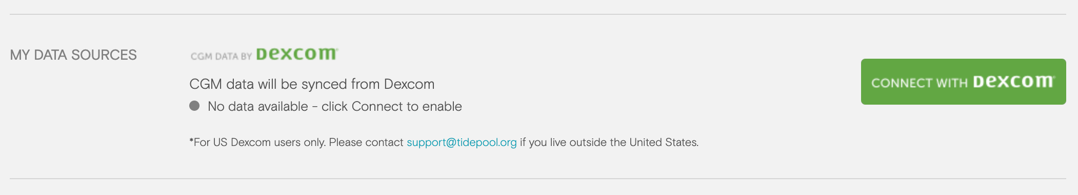 Connect with Dexcom button in MY DATA SOURCES section of Tidepool Web Profile.